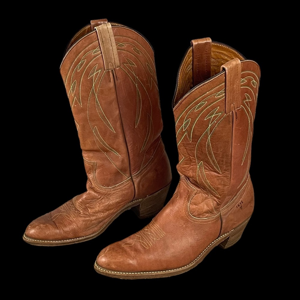 Frye Brown Leather Cowboy Western Boots Mens Size 10.5 EE USA Vintage